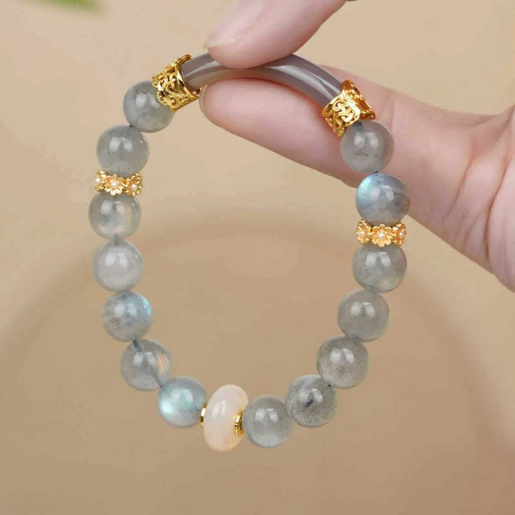 Grey moonstone women's bracelet with 8mm round beads, handmade half cuff design