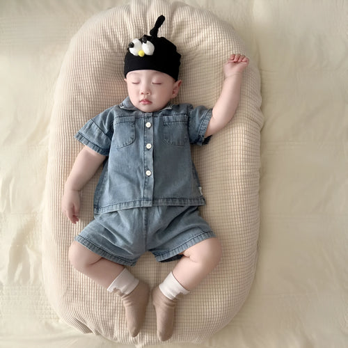 Children's cotton denim summer suit set in light blue with shorts, for heights 73-120cm