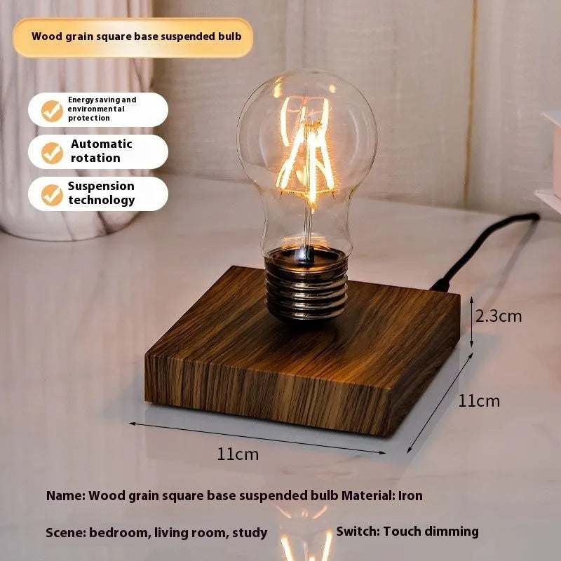 Creative suspension bulb night lamp with iron art construction on black square wooden base