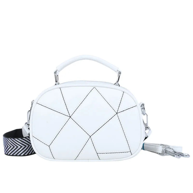 Fashion three-layer retro patchwork small bag in PU, round shape, stitching detail, 20x15 cm