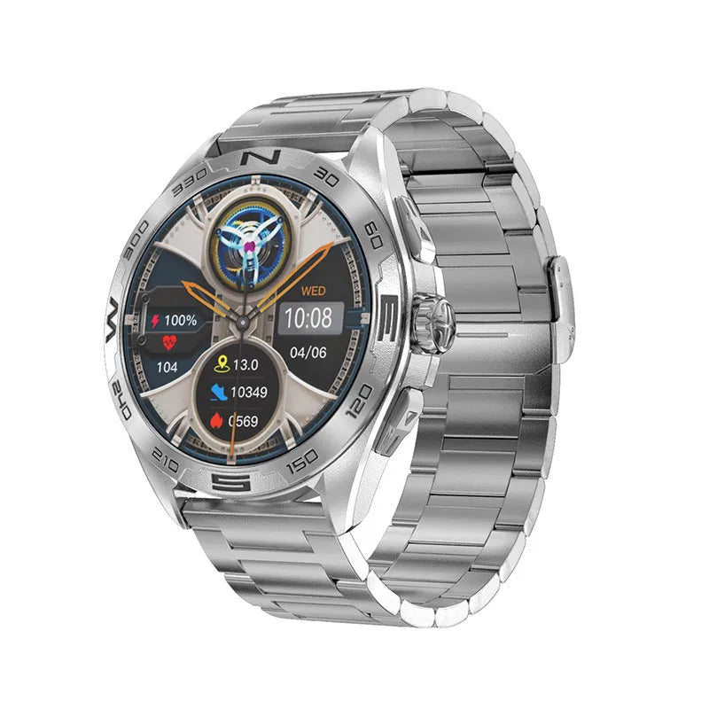 Smart watch for men with health monitoring and WhatsApp reply functions in black silver black steel or silver steel