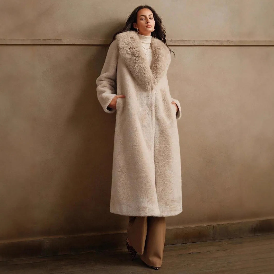 Women's long faux fur coat in camel colour shown from the front.