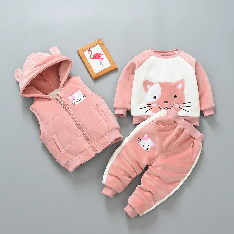 Children's thick three-piece cotton suit in bear blue with top, trousers and extra piece for toddlers aged 0-4 years