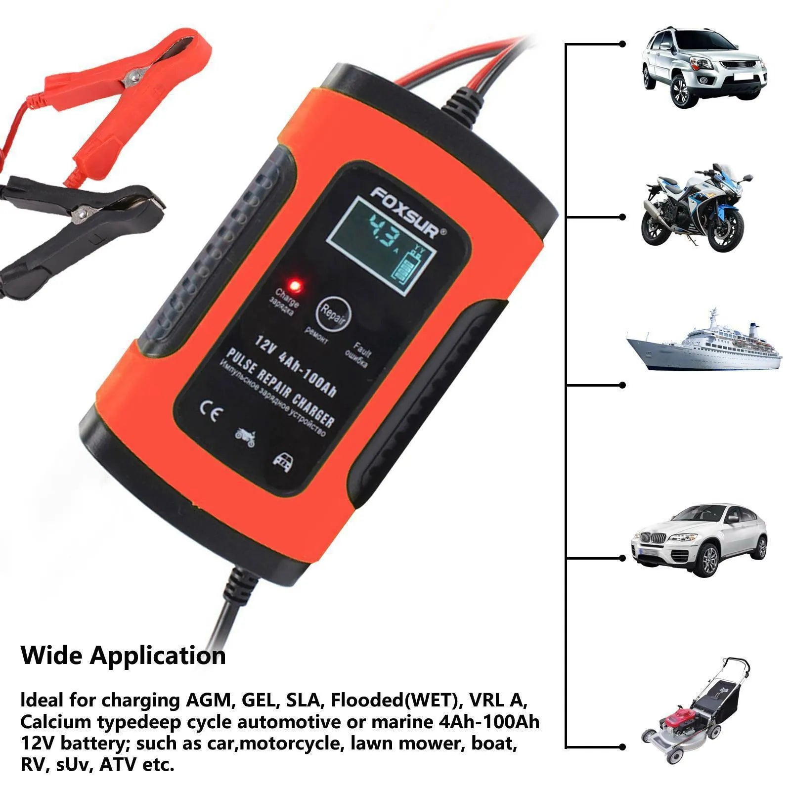 Fully automatic 12V car and motorcycle battery charger with 3-stage charging and microprocessor control, compact size 150×85×60mm