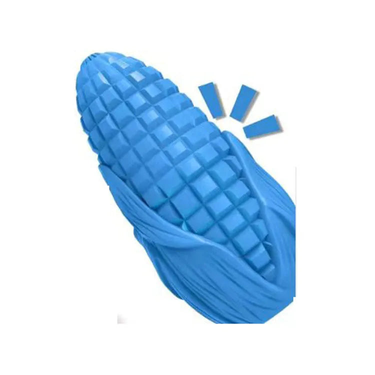 Blue corn-shaped dog chew toy with textured surface for medium to large breed aggressive chewers