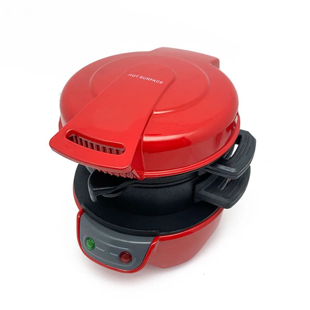 Bright red household breakfast machine with sandwich maker, egg cooker ring, and waffle functions