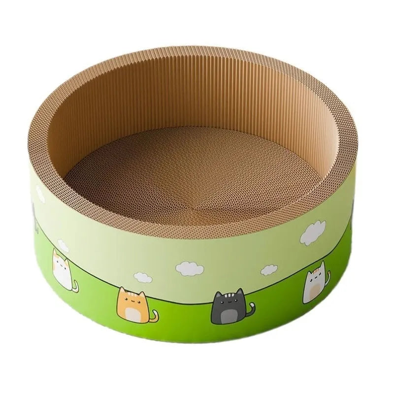 Large round cat scratch board with deep pits, made from brown corrugated paper.