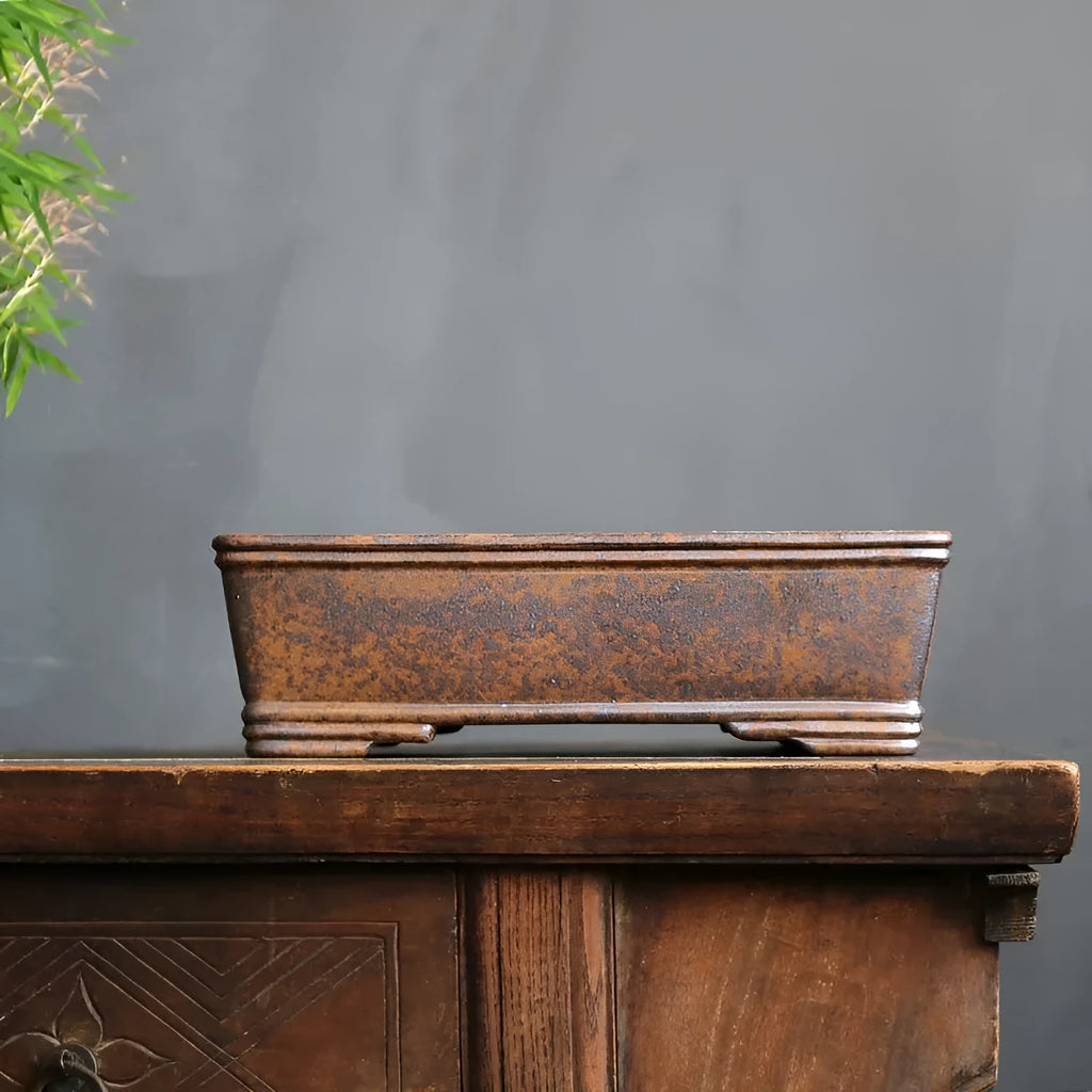Large and small rectangular purple sand bonsai pot with firewood-burning texture for pine trees.