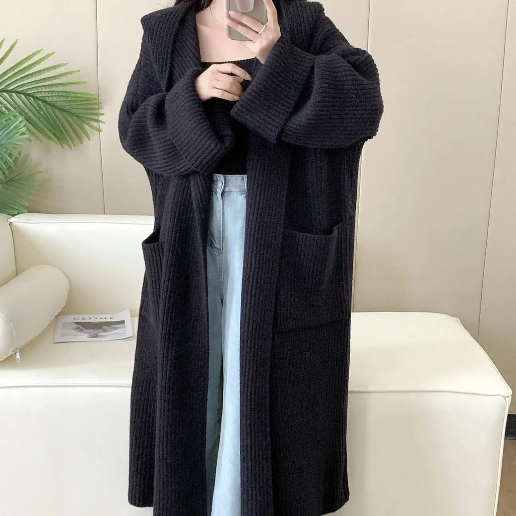 Women's loose hooded acrylic cardigan coat with raglan sleeves in milky white colour