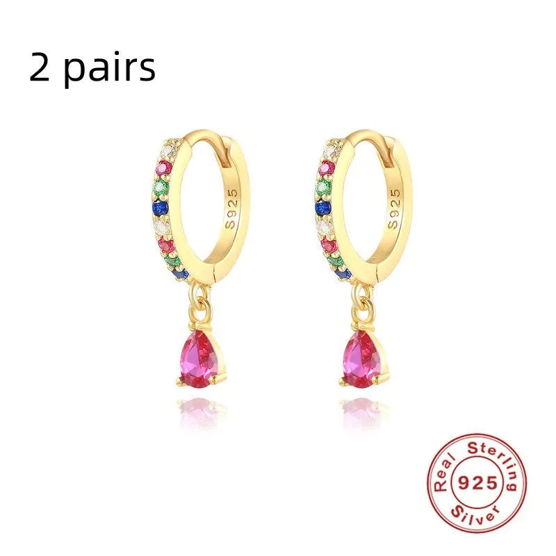 S925 sterling silver geometric water drop earrings with electroplated finish and stone accents