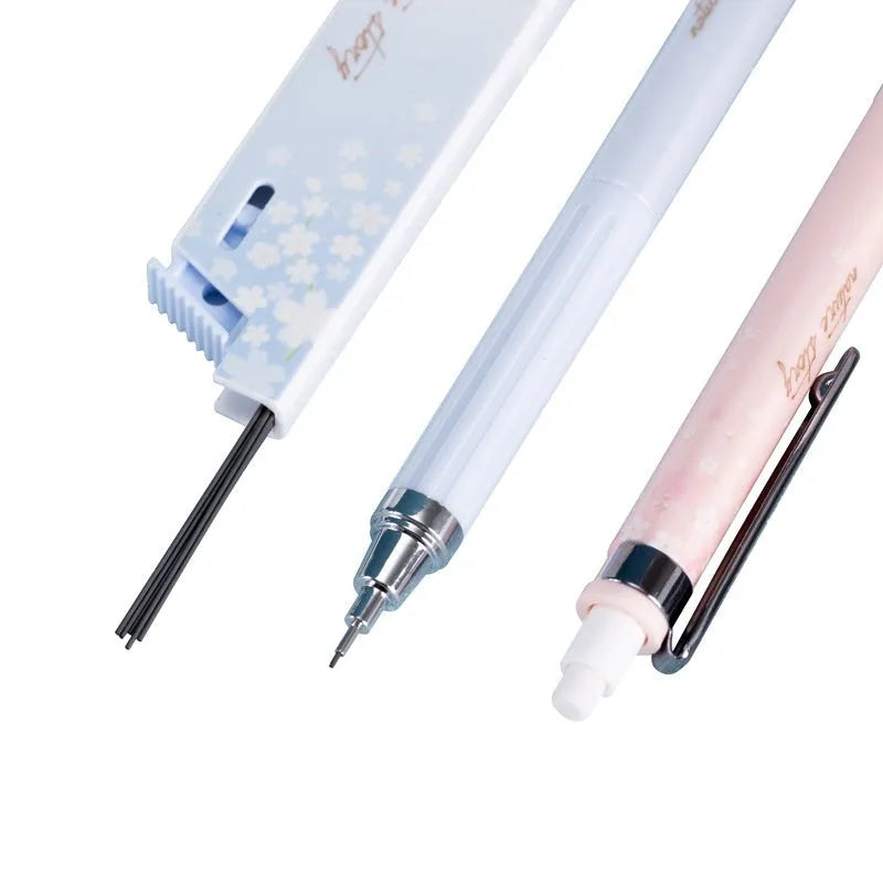 Simplified cartoon automatic pencil set with three 0.5mm HB pencils and refill boxes in mixed colours
