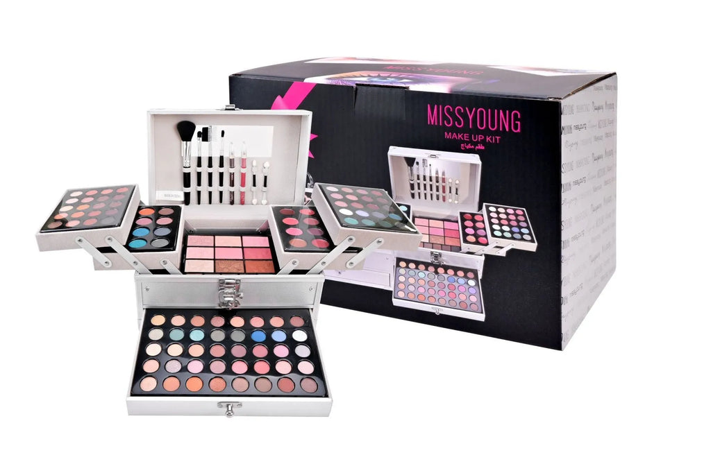 Silver makeup set with eye shadow, blush, lip gloss, lip pencil, and brush in a compact case