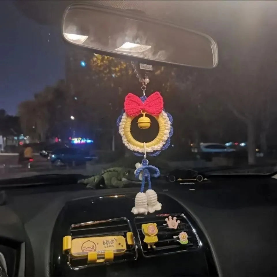 Snow White plush handmade yarn weaving car hanging pendant on a red wind chime.
