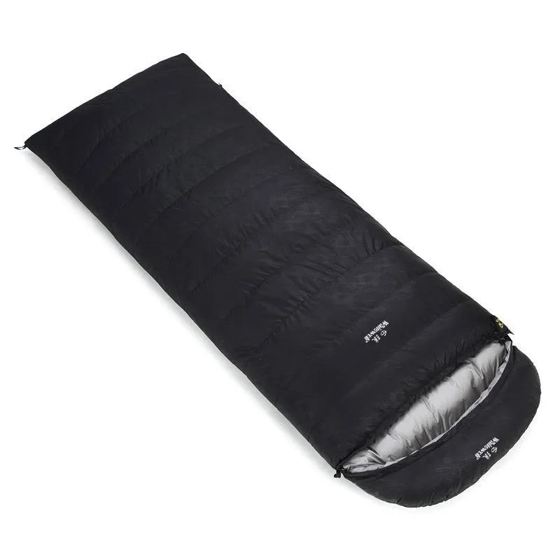 Black outdoor down sleeping bag with envelope structure for adult campers.