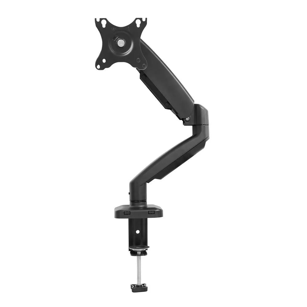 Black rotating telescopic monitor bracket on desk with adjustable arm and elevated design