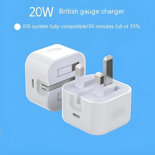 White 20W USB-C PD fast charger with UK plug and a choice of cable lengths.