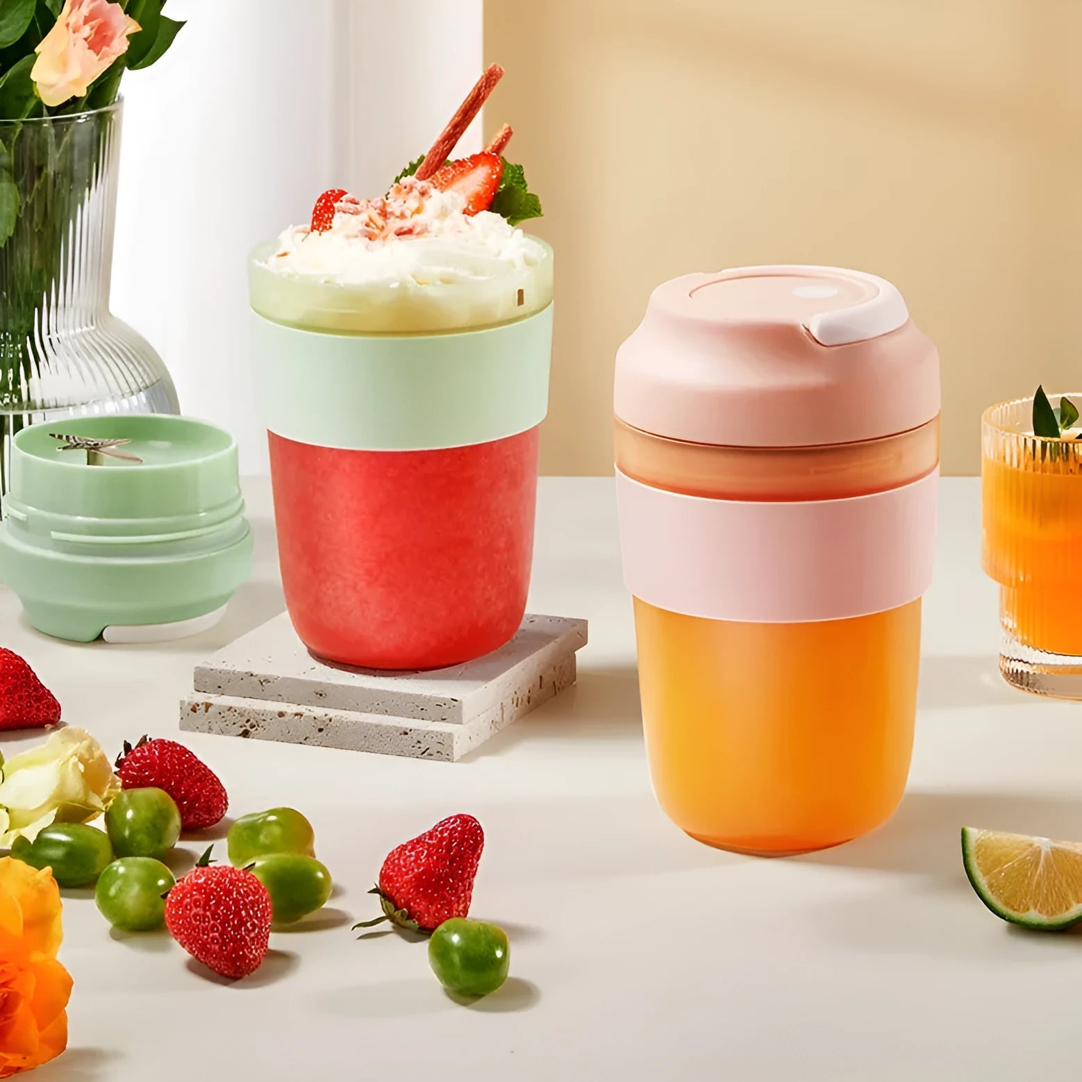 Grape purple portable rechargeable blender juicer cup with 400ml capacity and four stainless steel blades.