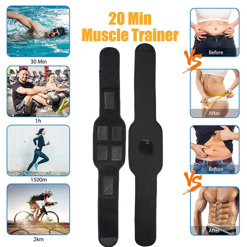 Black rechargeable EMS abdominal sticker set with display, 118 cm length, three pieces