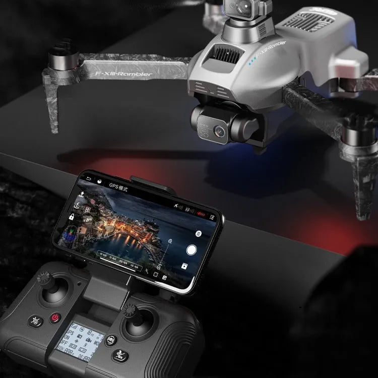 White folding quadcopter drone with camera and obstacle avoidance sensors on a remote control.