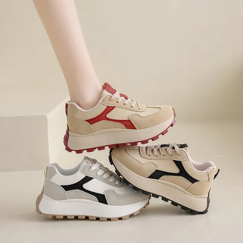 Women's low-top platform sports shoes in three colours with a lace-up front and flat rubber sole.