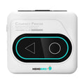 Pocket Bluetooth mini printer in white with thermal paper roll, charging cable, and manual on a desk