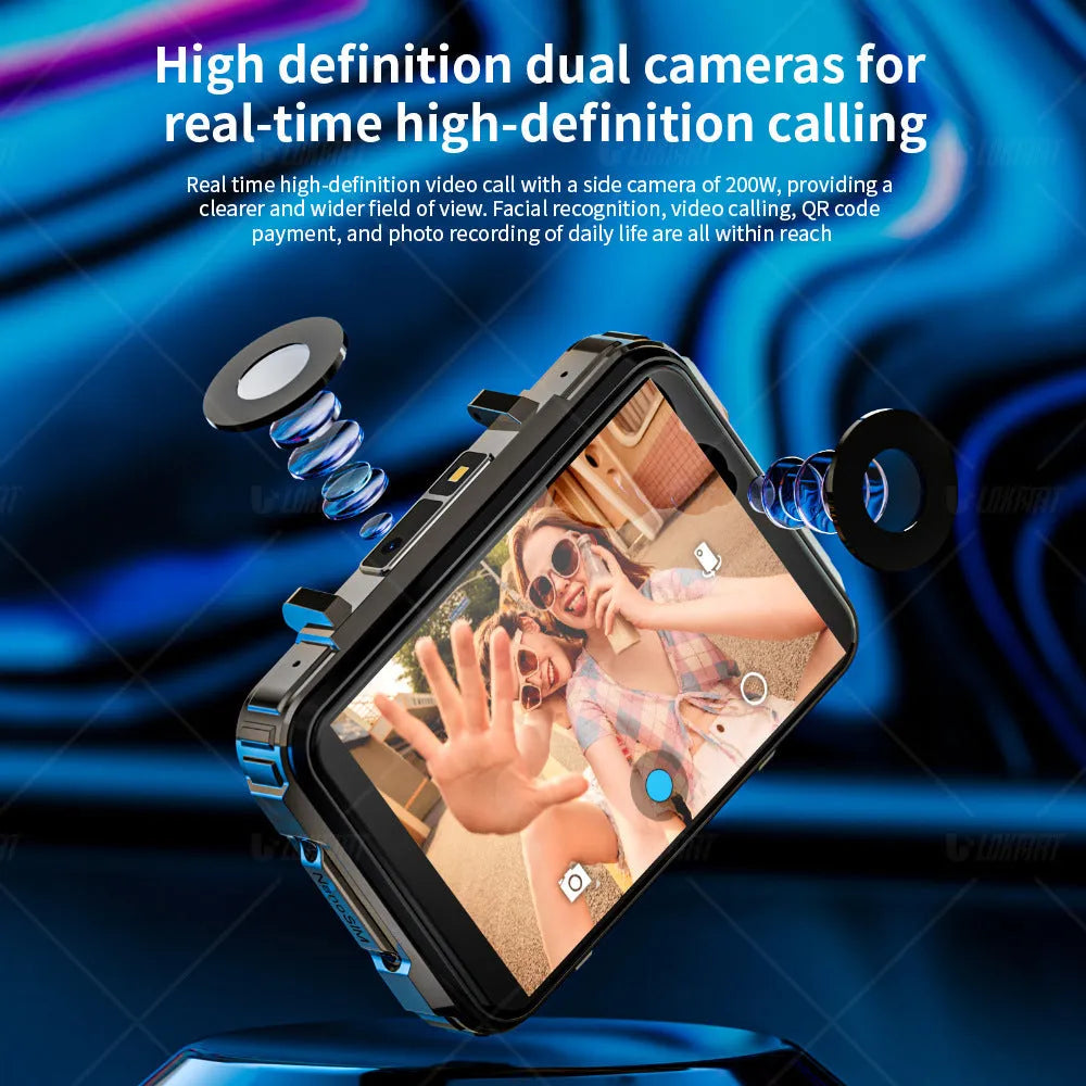 Black 4G Android smart watch with large TFT screen and dual camera on display