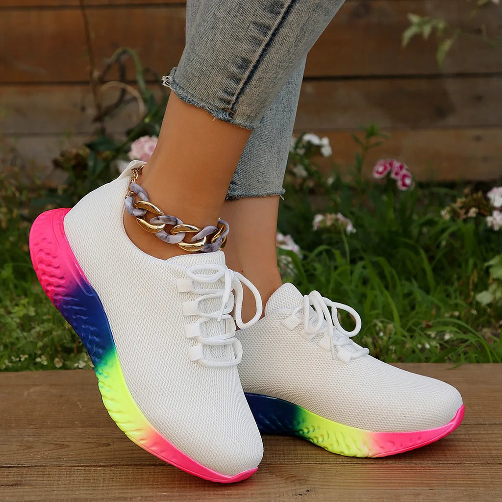 Women's plus size rainbow pumps, flat heel, low top, front lace-up, yellow black white, sizes 36-43