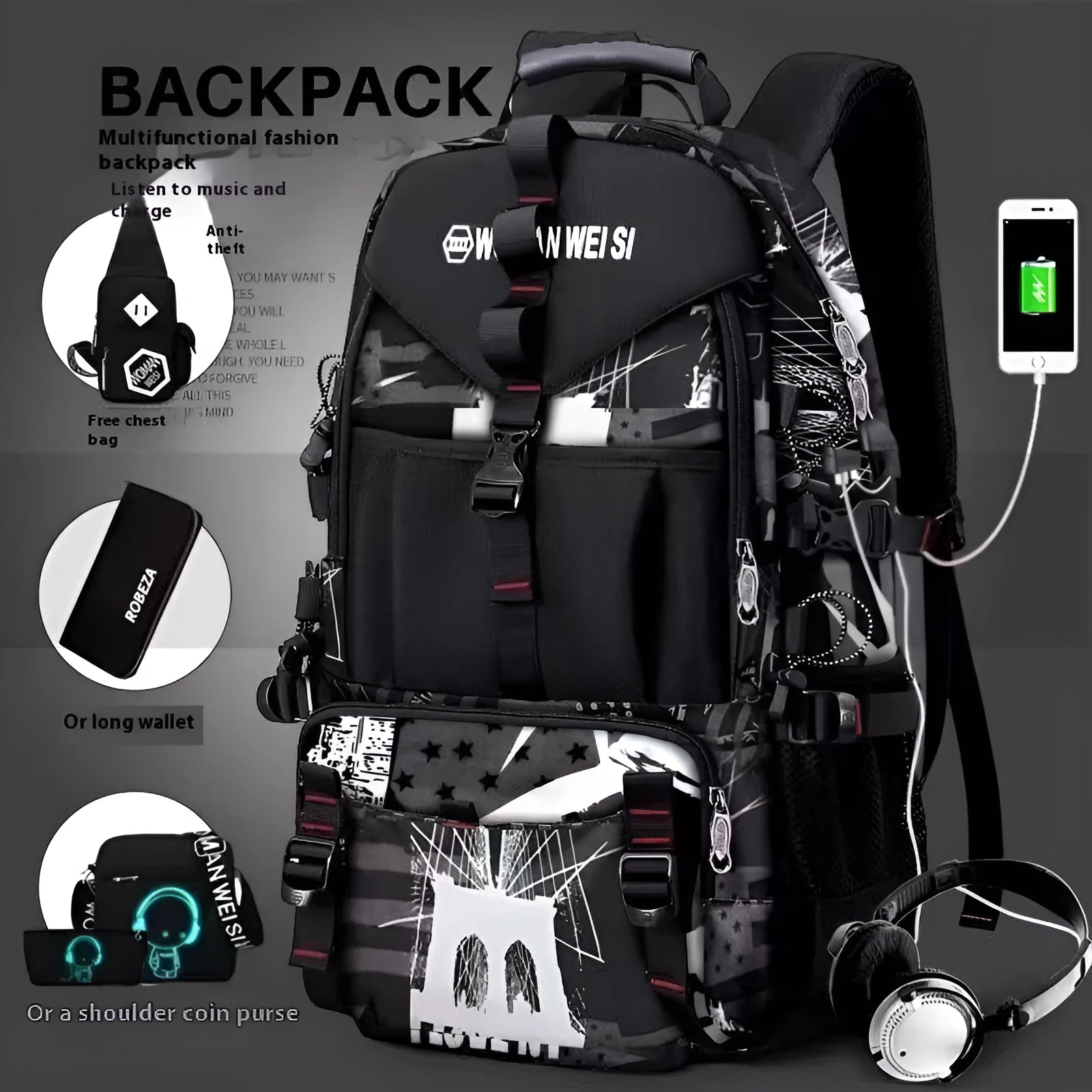 Men's large waterproof hiking backpack in Oxford cloth with air cushion back system, shown in a camouflage colour variant.