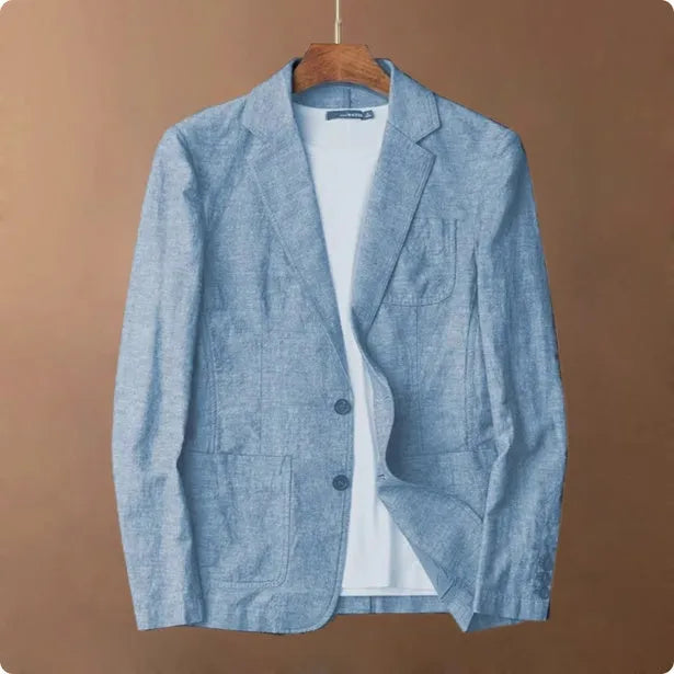 Men's solid colour linen suit coat with a stick pocket on a hanger.
