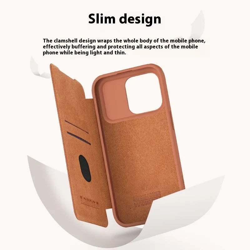 iPhone 15 Pro Max imitation leather flip wallet case in black showing front cover closed.