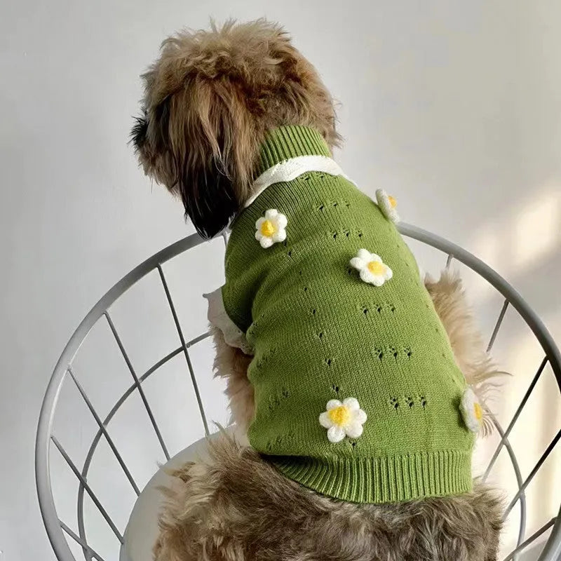 Green and pink flower pattern dog and cat sweaters in sizes XS to XL for pets 1.5kg to 8kg