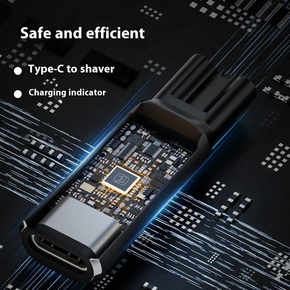 Black USB-C charging adapter for electric shavers with aluminium alloy casing and 4.3V 8W specifications