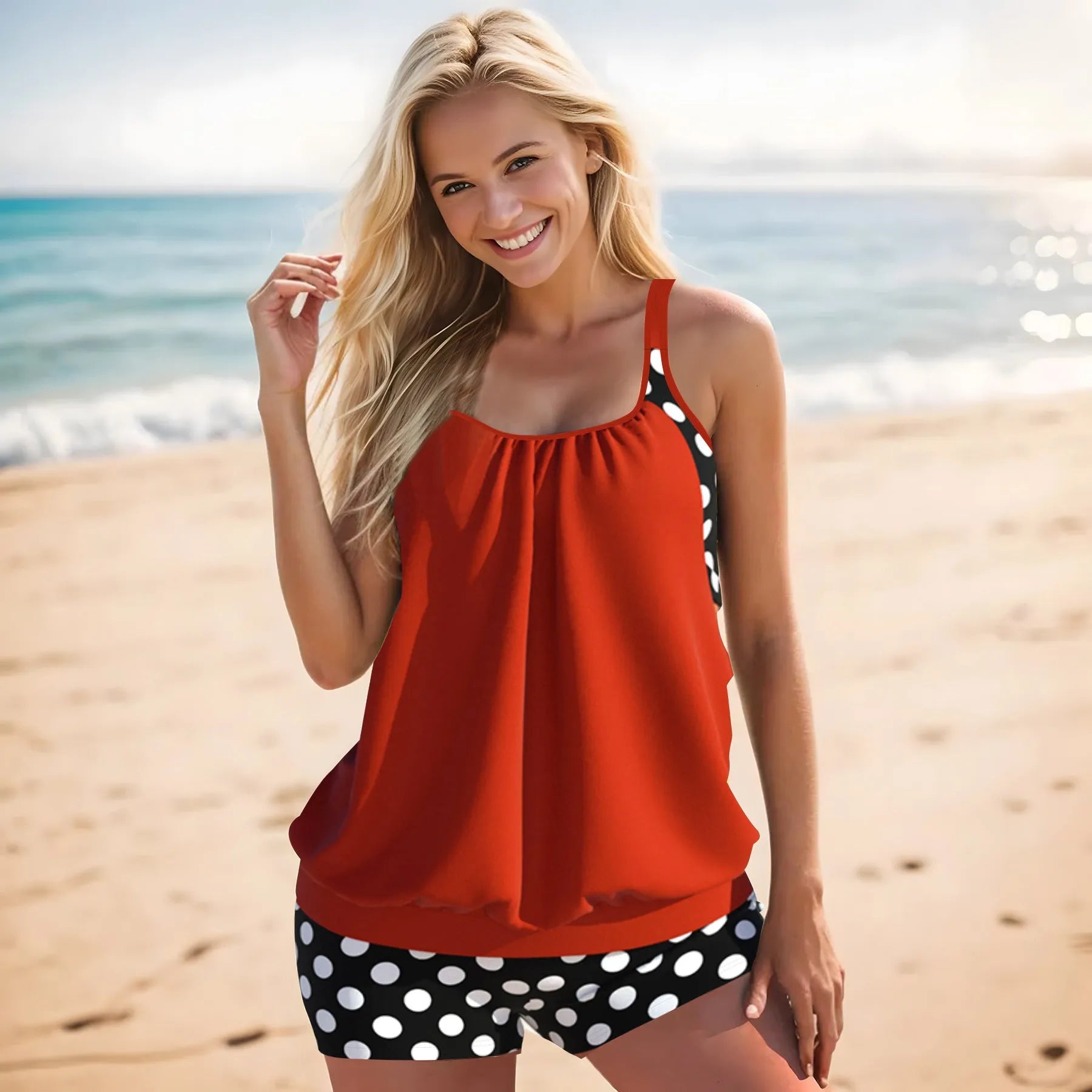 Women's polka dot boxer swimsuit with high-waist briefs in multiple colour options