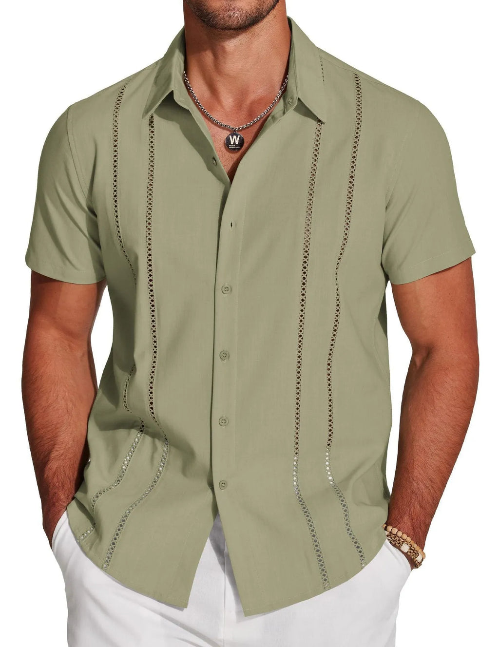 Men's slim fit Hawaiian short sleeve shirt with digital print pattern and elastic band detail.