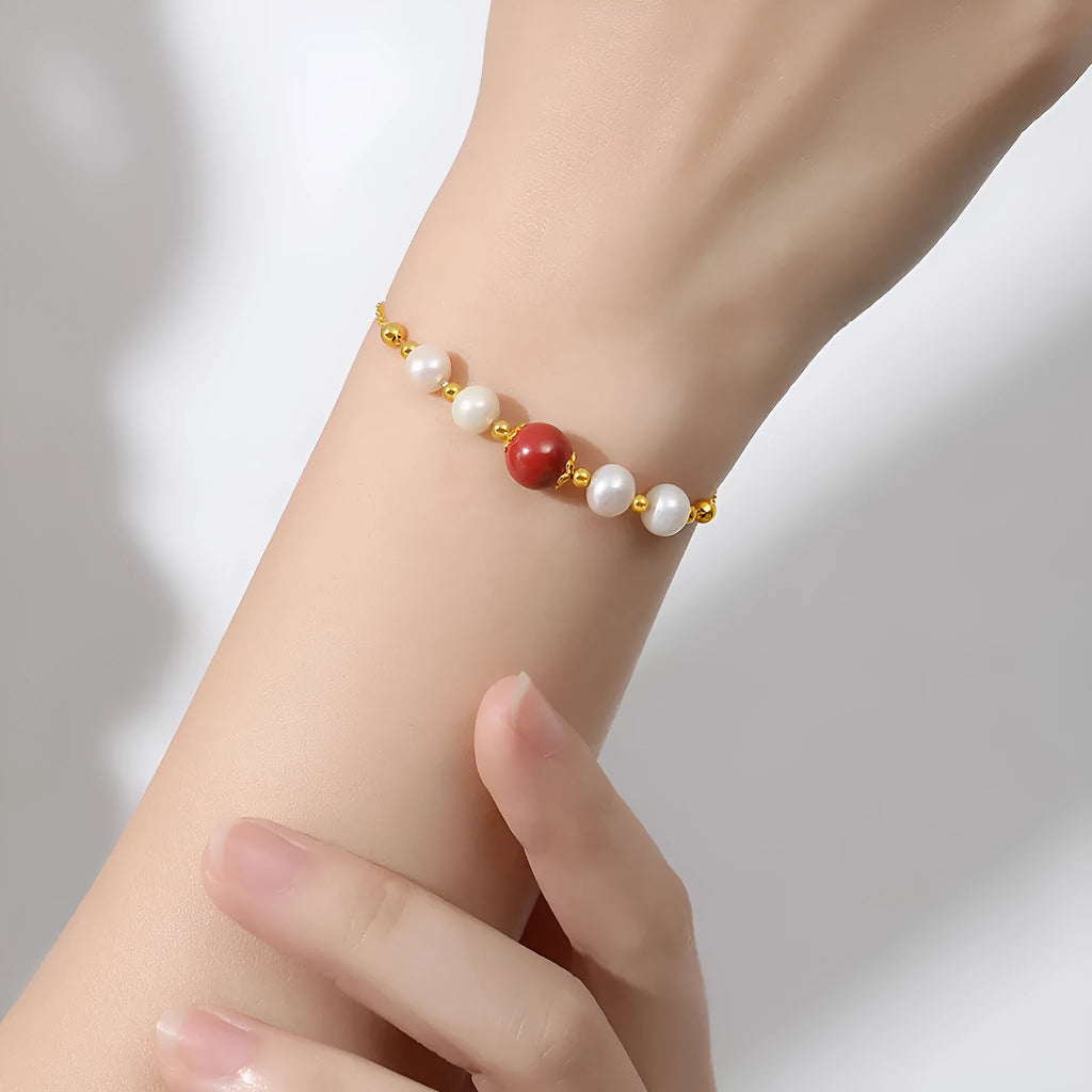 Yellow retro-style bracelet with red bean and cinnabar design on 925 silver band.