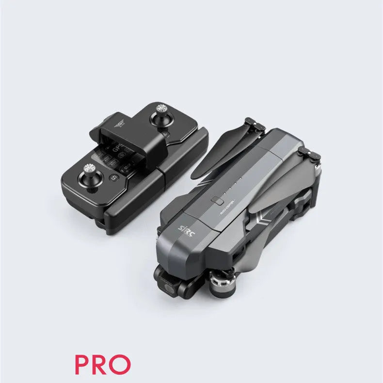 Black F11s PRO GPS folding drone with 4K camera and gimbal, shown in both expanded and compact folded sizes.