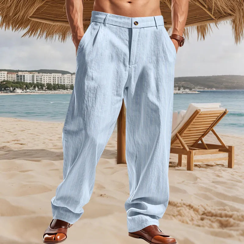 Man wearing striped linen high-waist wide-leg casual trousers