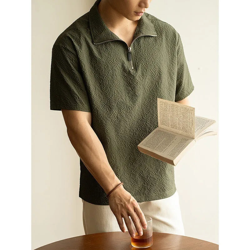 Men's cedar green loose-fit short sleeve polo shirt made from quick-drying ice silk fabric.