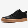 Men's casual leather shoes, black, round toe, flat heel, lanyard lace closure, rubber sole, side view