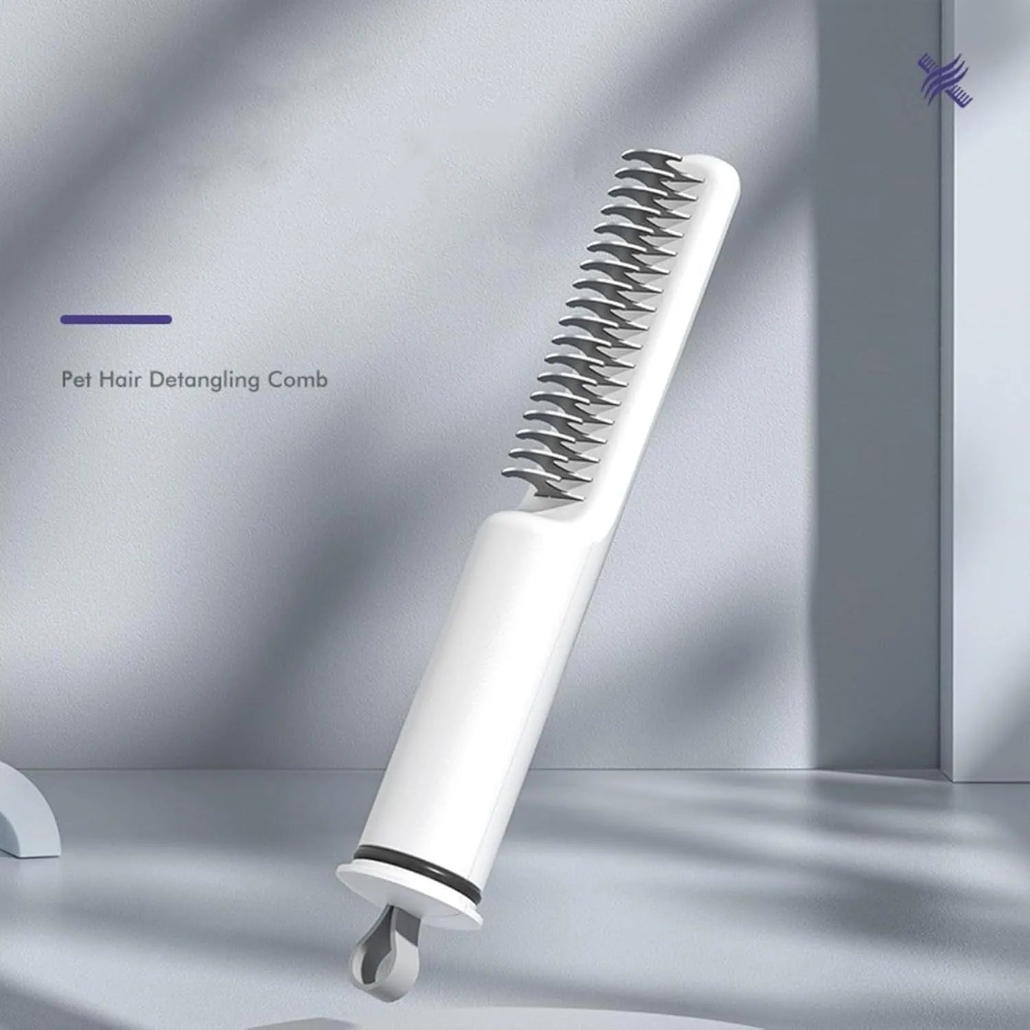 Stainless steel dematting comb with ergonomic handle for removing knots from dog or cat hair.