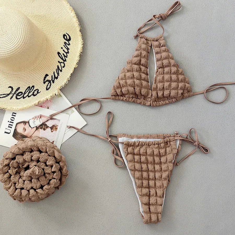 Brown seersucker women's three-piece swimsuit with lace-up bikini top and skirt bottom