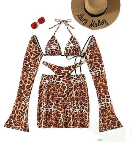 Leopard print three-piece bikini swimsuit with top, skirt, and panties