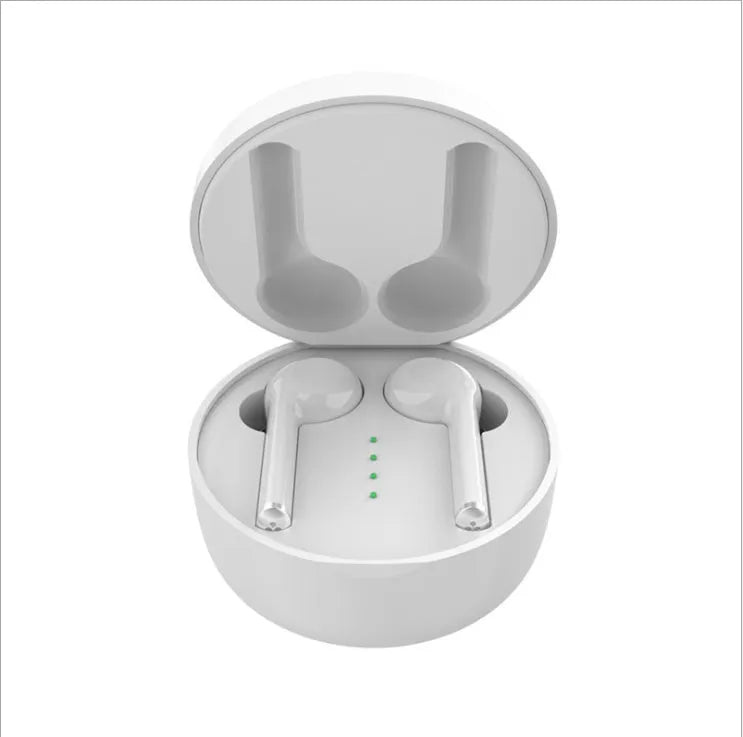 TW40 wireless Bluetooth headphones in black and white with charging case on white background