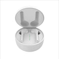 TW40 wireless Bluetooth headphones in black and white with charging case on white background