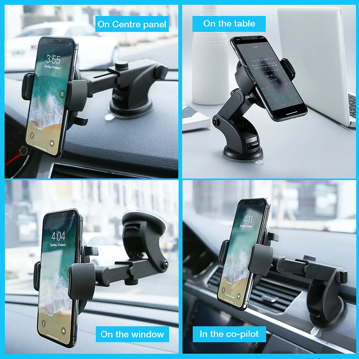 Car phone holder with black suction cup and telescopic arm on car dashboard