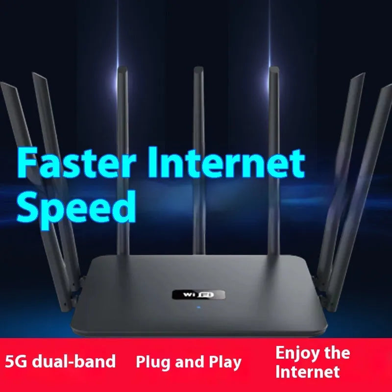 Black and white dual-band 5G router with wall-through Wi-Fi coverage for whole home connectivity