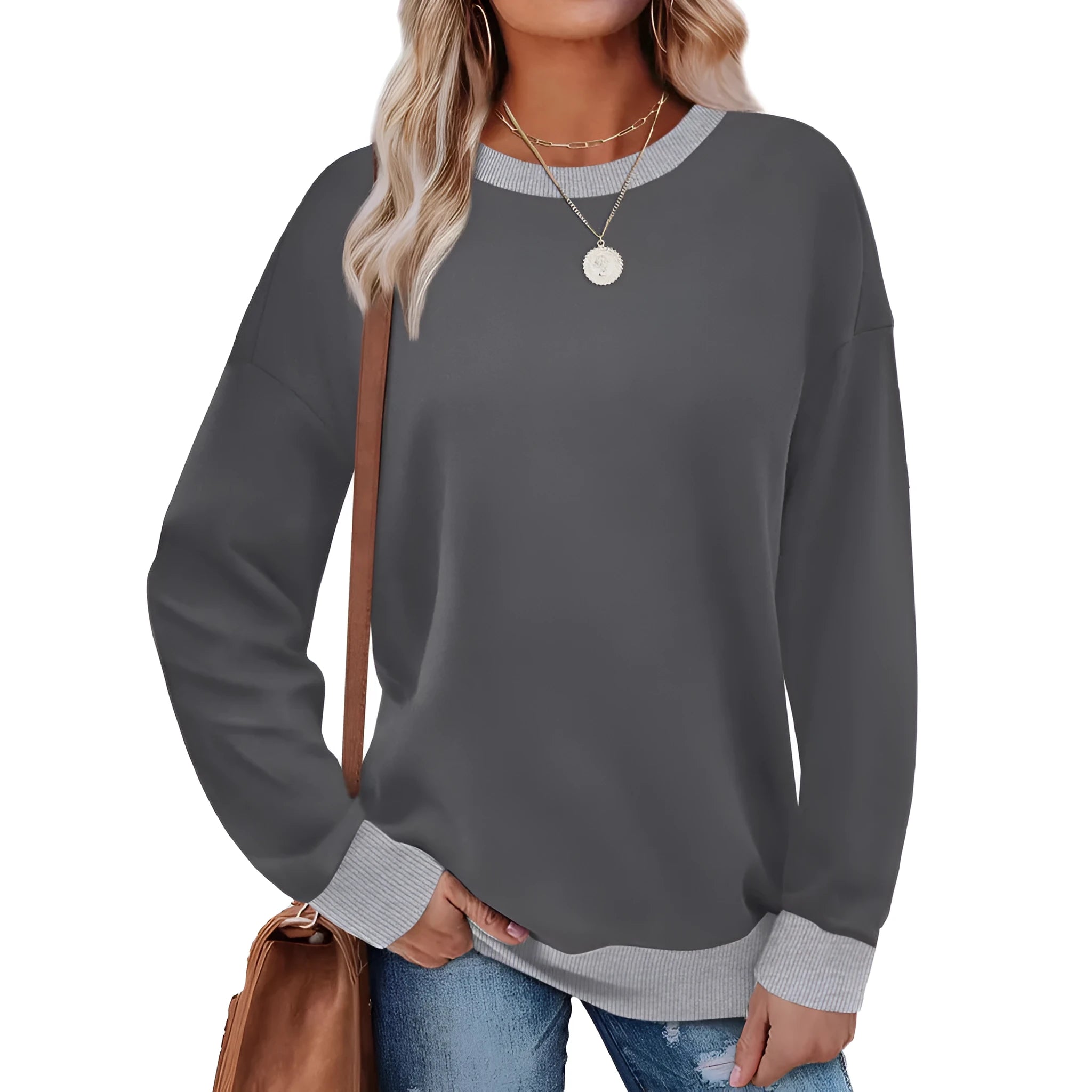Women's loose striped long-sleeved top in polyester fabric showing round neck and seven colour options