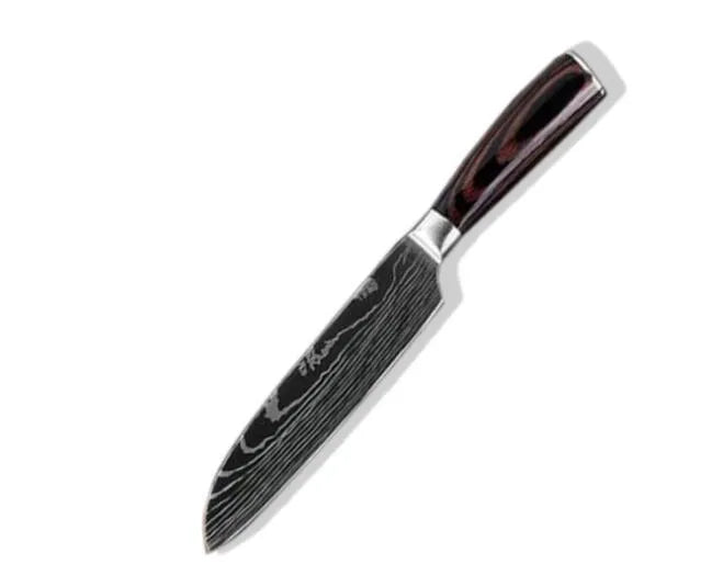 7Cr17 stainless steel kitchen knife with laser Damascus pattern blade and coloured wood handle