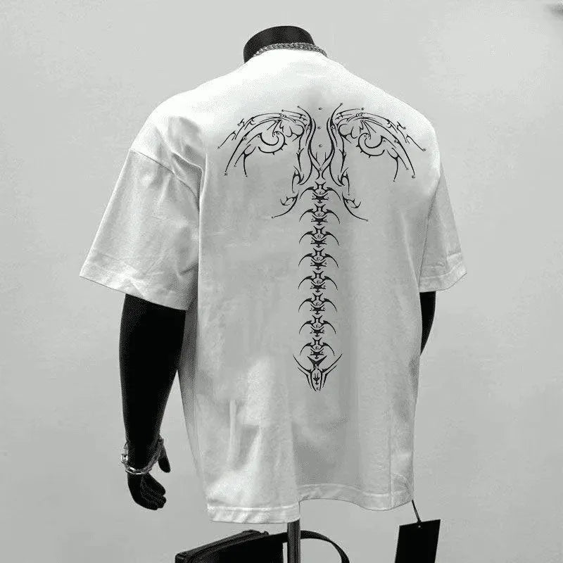 Men's black loose fit cotton T-shirt with printing decoration for business commute wear