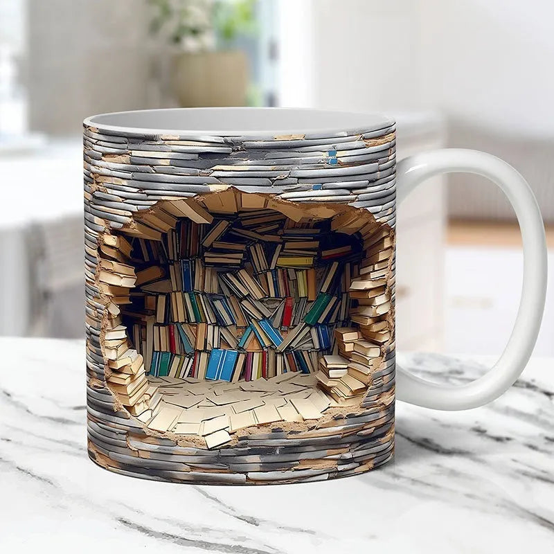 3D Bookshelf Mug creative ceramic water cup with handle showing library shelf design